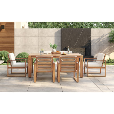 Ensemble de table et chaises de patio, ensemble de salle à manger pour 6 personnes avec trou pour parasol, ensemble de meubles de patio 7 pièces avec cadre en bois et coussin amovible pour le jardin, la cour, la pelouse et la piscine