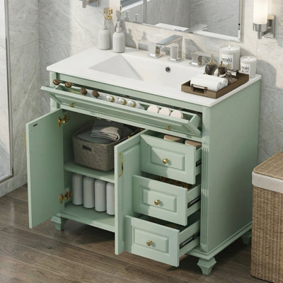 Meuble-lavabo moderne en bois massif 36 po avec lavabo 36 po, 3 tiroirs et 2 portes, poignées dorées