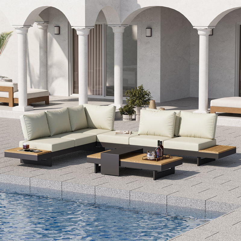4-Piece L-Shaped Modular Outdoor Sectional Sofa Set Patio Furniture Set with Coffee Table Patio Sofa Teak & Aluminum, Beige