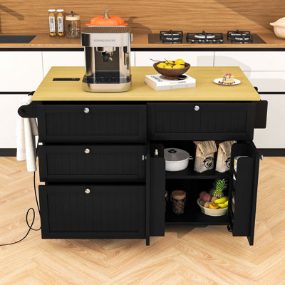 Adda Rustic Storage Kitchen Island Set with Expandable Drop-Leaf Tabletop and 2 Stools by Lark Manor
