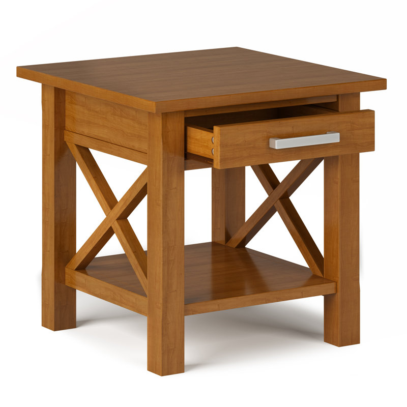 Kitchener 21"W Solid Wood Contemporary Square End Table with Drawer, Open Shelf and X-Design, Light Golden Brown