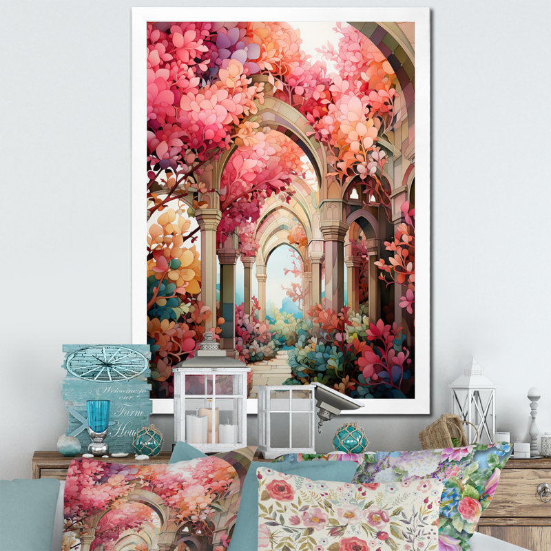«Swante Pink Bridge Whimsical Arches», reproduction sur toile, H 20 po x l 12 po x P 1 po, Cadre simple blanc