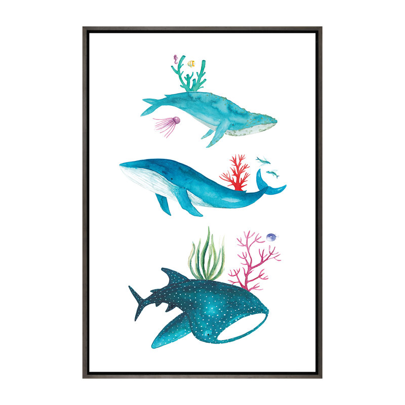 Créatures de l'océan - impression, Pas de tapis, H 60 po x l 40po x P 1,5 po, Toile avec cadre en bois gris