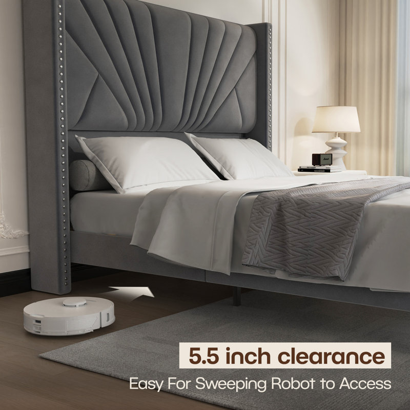 Velvet Upholstered Sleigh Queen Bed Frame With Headboard, Gray, Gray, Queen