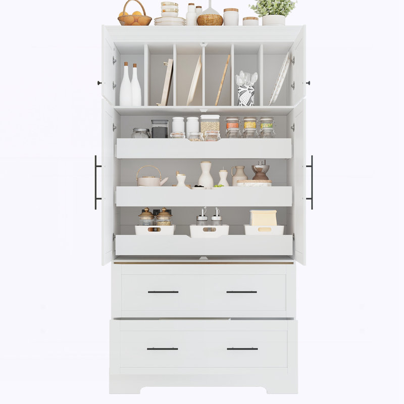 Armoire de rangement de salle à manger 4 portes avec plateaux coulissants, White