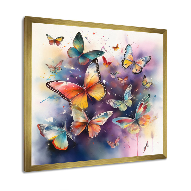 «Purple Butterflies In The Air», reproduction d'art sur toile, H 24 po x l 24 po, Cadre flottant doré
