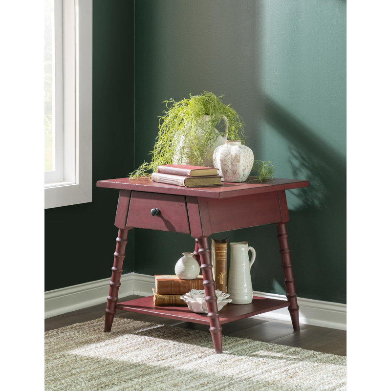 Country Living Vintage Market Splayed Bobbin Leg End Table with Drawer and Shelf, Red