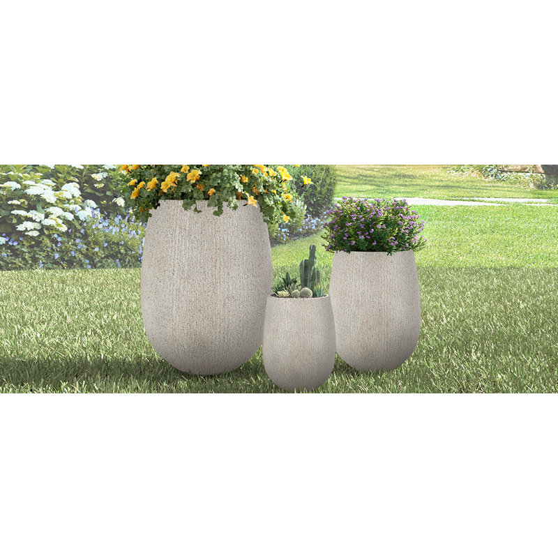 Egg-Shaped MGO Outdoor Planter With Drainage Holes Set Of 3 Sizes, Gray