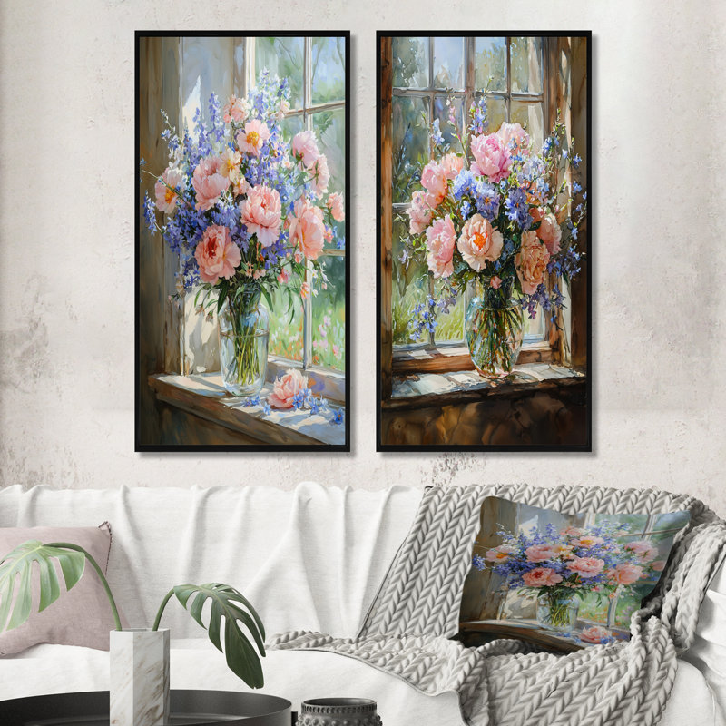 Bouquet de fleurs pastel d'été à la grange I - Décoration murale florale 2 panneaux, H 40 po x l 41 po, Cadre flottant noir
