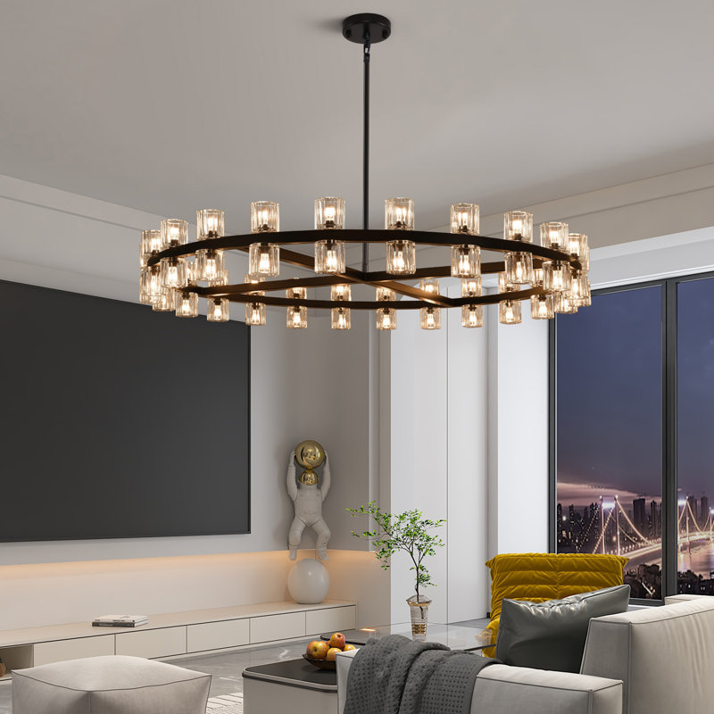 36"/48"/60" Dimmable Round Crystal Cup Large Chandelier, 103" H x 48" W x 48" D, Matte Black