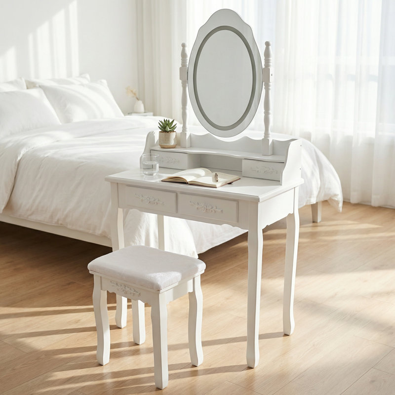  Vanity Desk Set with LED Mirror and Cushioned Stool, Modern Makeup Table with Four Drawers and Ample Storage for Bedroom or Dressing Area