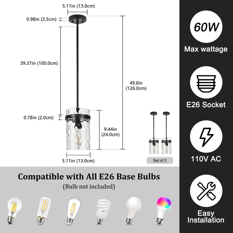 (Set Of 2)1-Light 5.1"W Modern Industrial Glass Pendant Light for Kitchen Island, Over Sink, Black