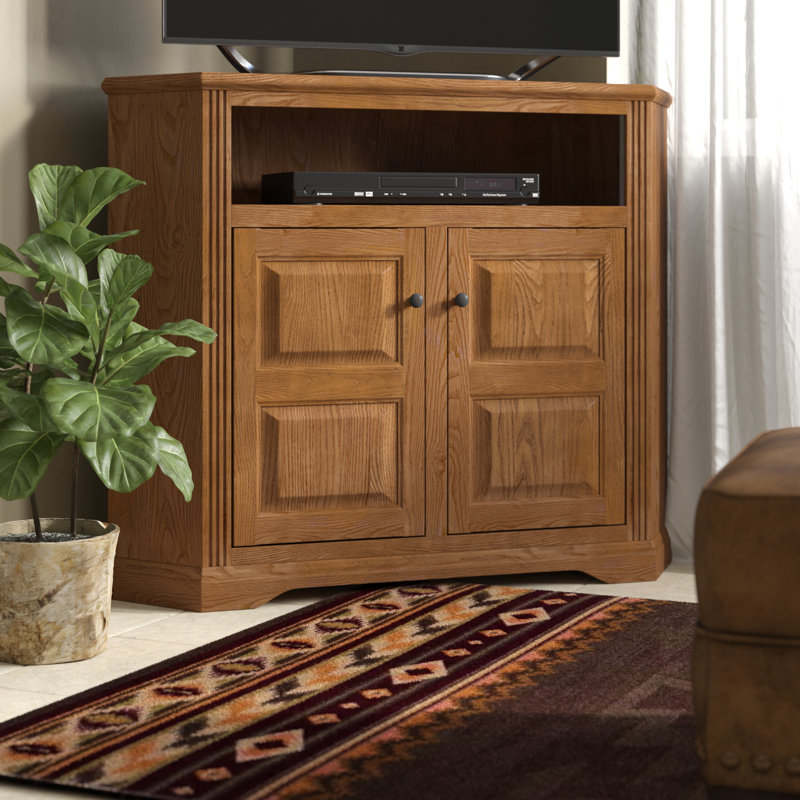 Meuble télé de coin en bois massif pour téléviseur de 55 po ou moins Rafeef, Verre ordinaire, Chêne or insolent