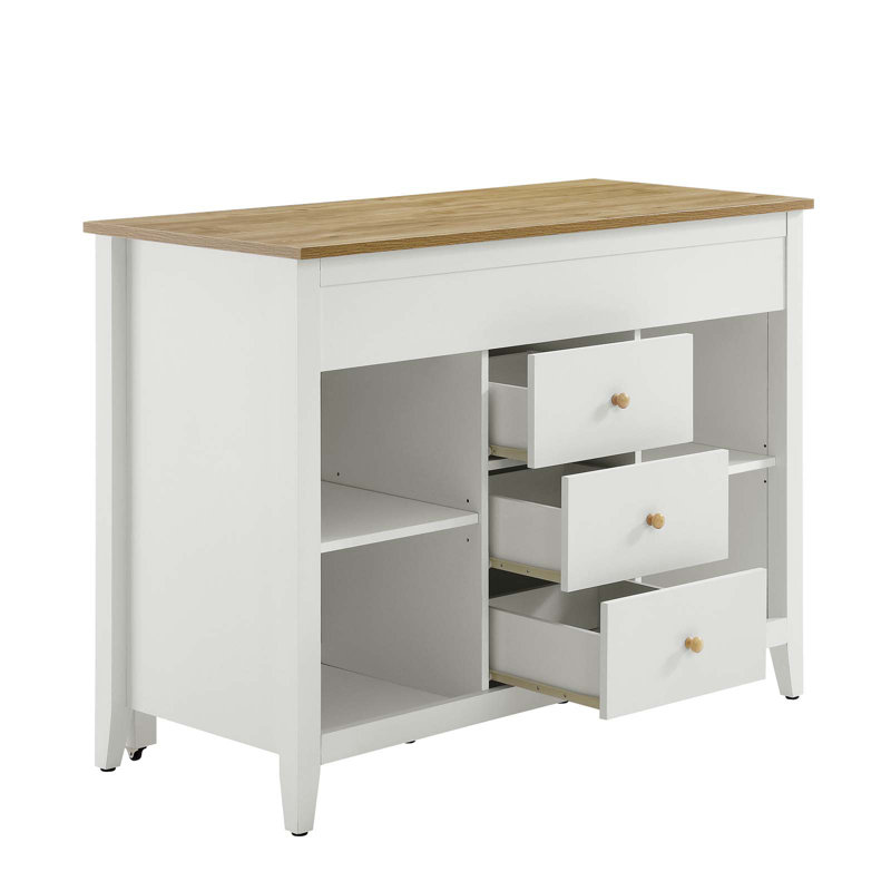 White and Natural Wood Grain Kitchen Island with Storage