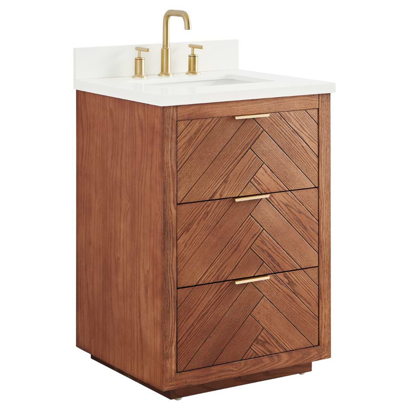 Meuble-lavabo simple autoportant à grain de bois 24 po avec plateau en quartz blanc pur Atilia, L 24 po