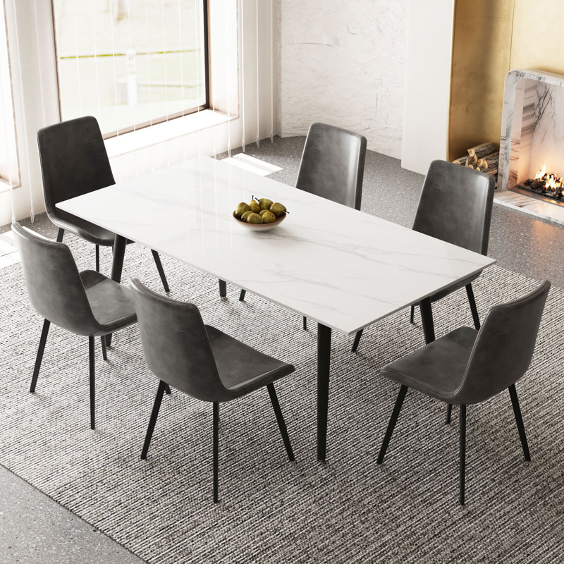 Ensemble de table de salle à manger rectangulaire en marbre 70,8 po pour 6 personnes Jeylanie, blanc