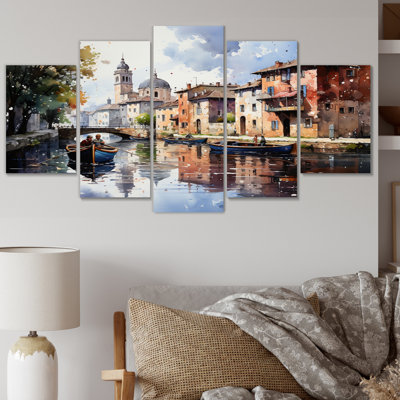 Beige Canal Waterways Pointillism Buildings & Architecture Wall Decor on Metal