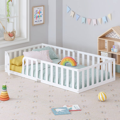 77"L X 40.9"W X 16.1"H Twin Size Kids Floor Bed Frame With Fence And Door White