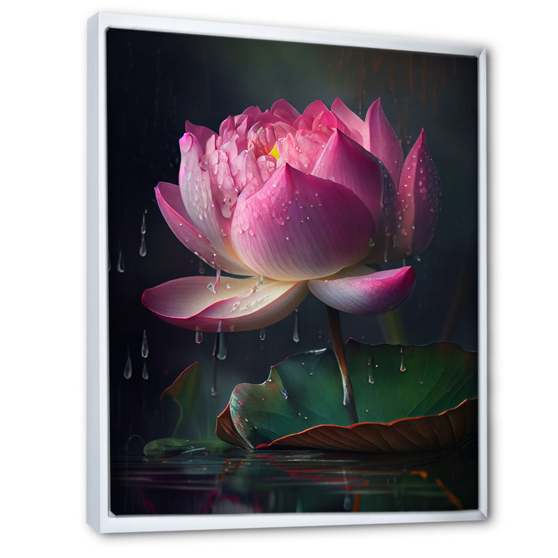 Magnifique lotus rose sur toile, Cadre flottant blanc, H 20 po x l 12 po x P 1 po