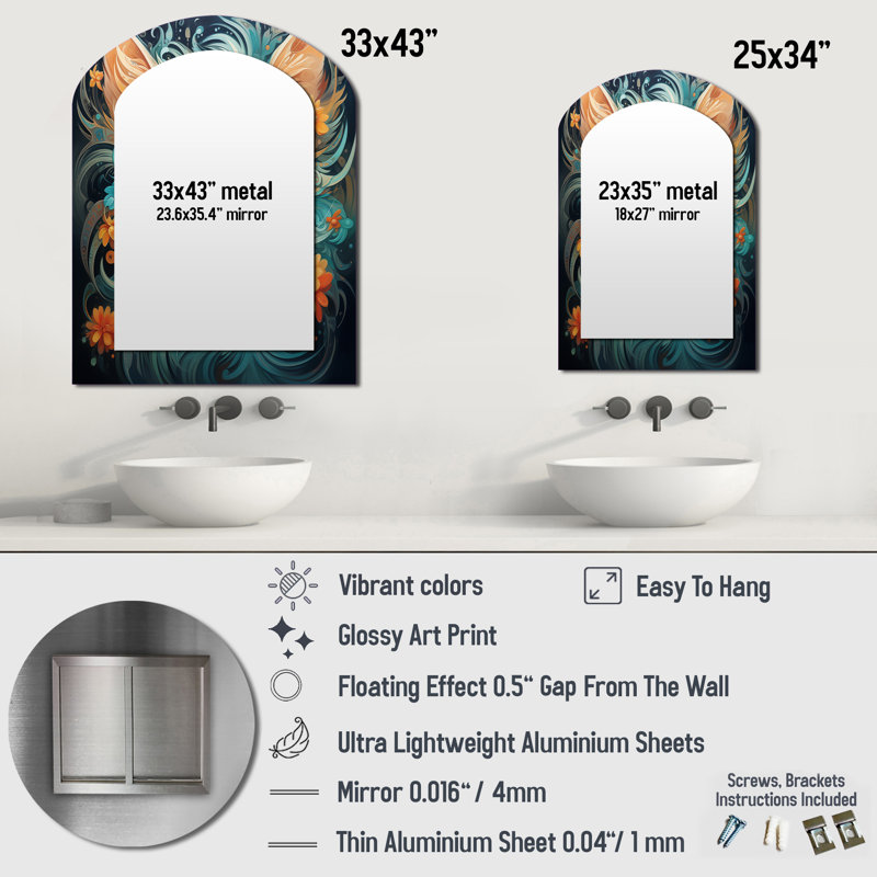 Miroir mural asymétrique «Magical Amber» et sarcelle avec fleurs I - Cat, 43 po x 33 po