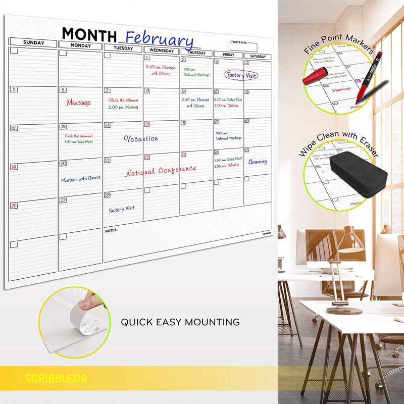 Grand calendrier mural pour tableau blanc effaçable à sec 36 po x 48 po 