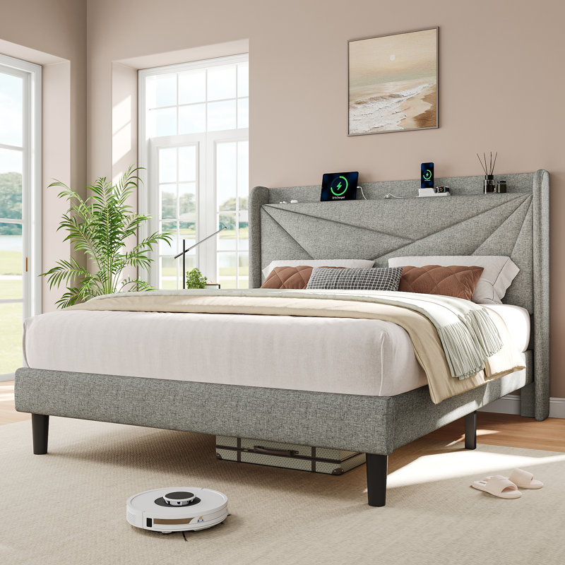 Halence Queen Size Upholstered Storage Bed Frame with Wingback Headboard & Charging Station, Queen, Light Gray