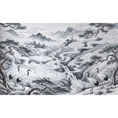 Papier peint oriental paysage mural amovible à l'encre délavé à l'encre