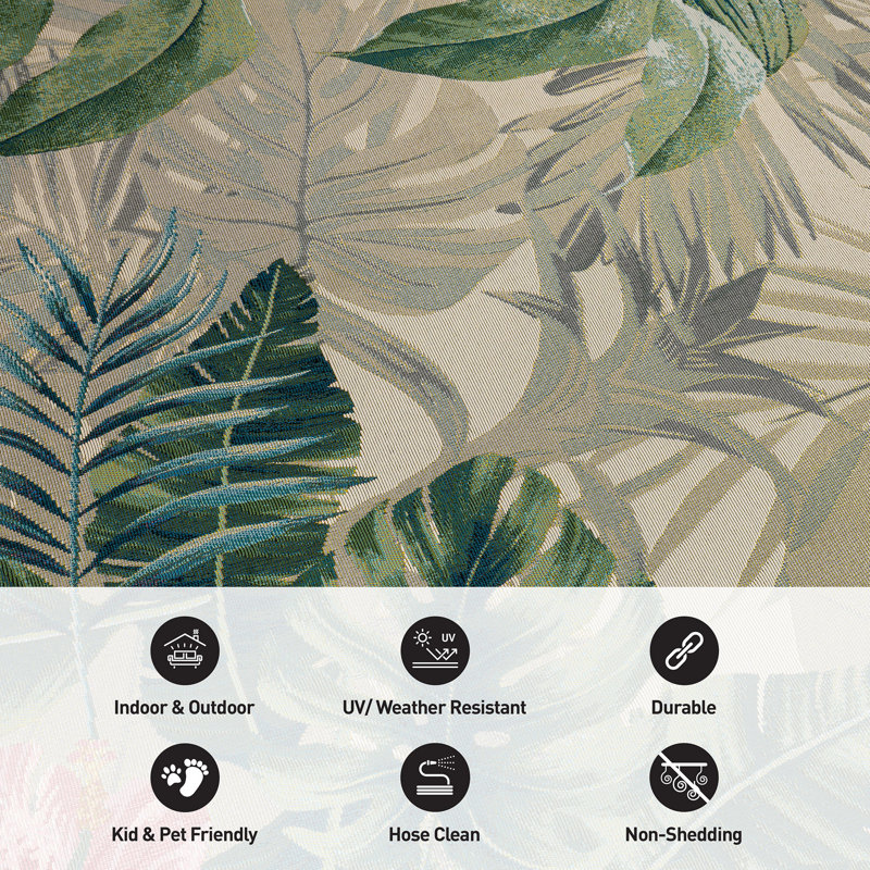 Tropical Botanical Floral Indoor/Outdoor Area Rug, Green Multi Patio Rug, Rectangle 5'3" x 7'