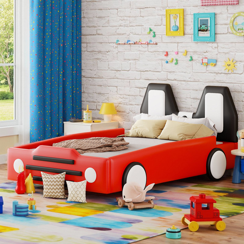Customizable Imaginative Race Car-Shaped Platform Bed with Wheels, Red