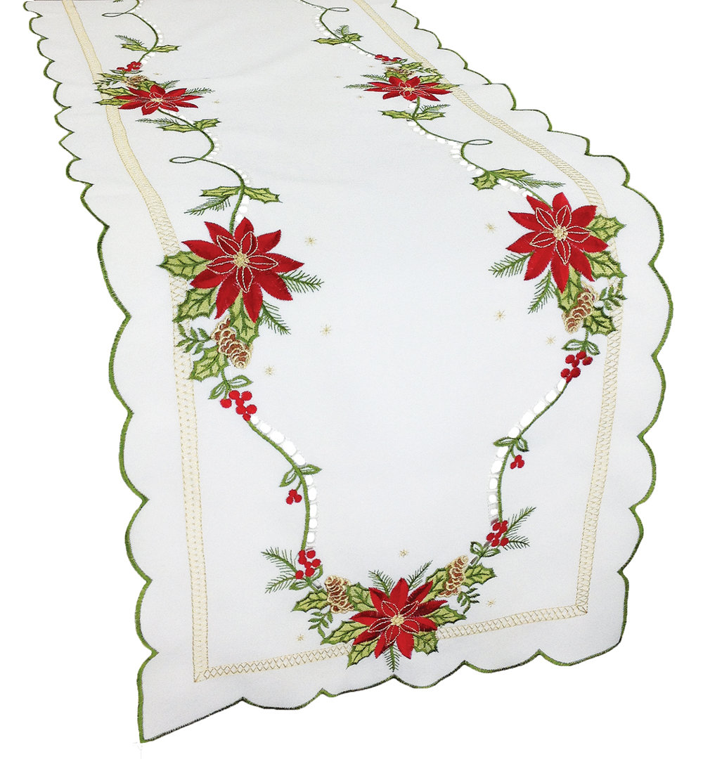 Scrolling Poinsettia Embroidered Cutwork Table Runner Xia Home Fashions 
