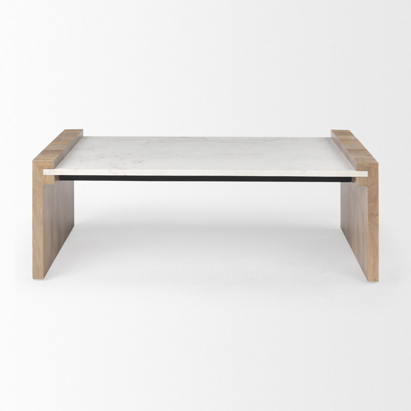 Table basse 48 "en bois massif naturel et blanc et marbre véritable