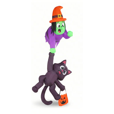 8ft Tall Halloween Witch and Black Cat Inflatable Decoration with LED Lights