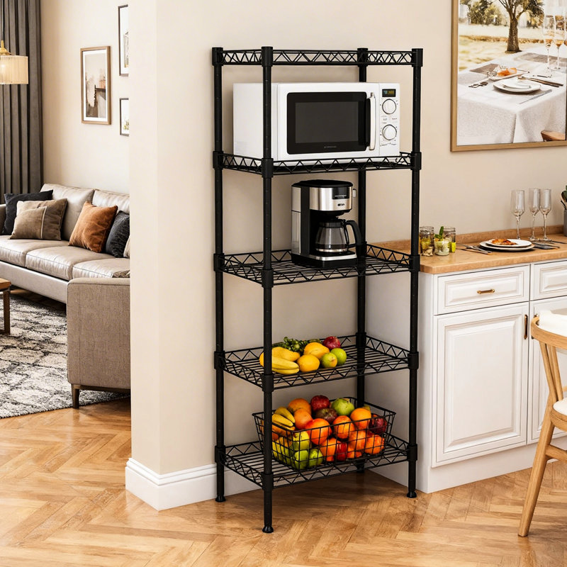 Étagère à 5 niveaux en fil métallique réglable pour la salle de lavage, la salle de bain, la cuisine et les petits espaces, couleur noire, tablettes de rangement robustes avec une conception robuste