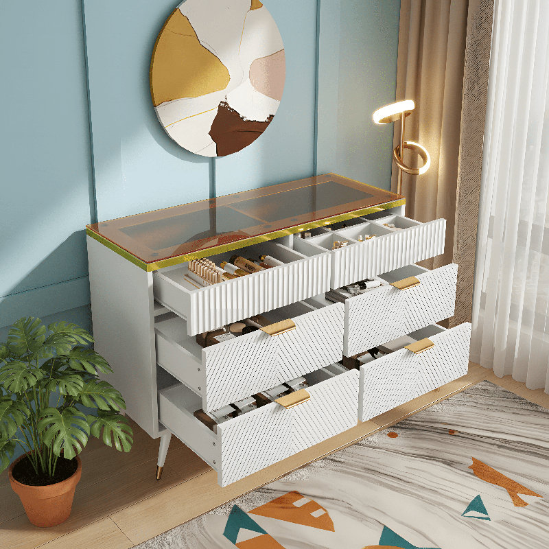 6 - Drawer Rectangle Accent Chest, Brushed Gold, White