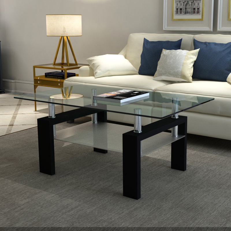 Catellini Vintage Coffee Table Living Room Table with Double-layer Storage and Solid Metal Legs, Clear