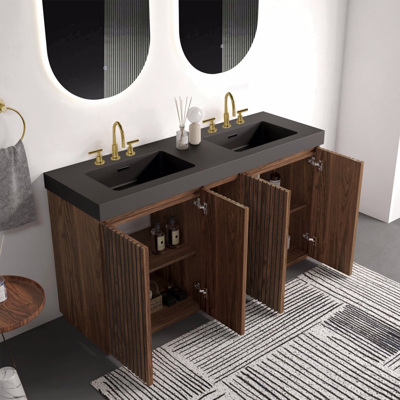 Meuble-lavabo Winston en noyer de 152 cm (60 po) avec lavabo à trois trous pour robinetterie, grand meuble-lavabo autoportant de rangement pour salle de bain moderne, double lavabo noir monobloc sans bonde ni robinet, livré en trousse