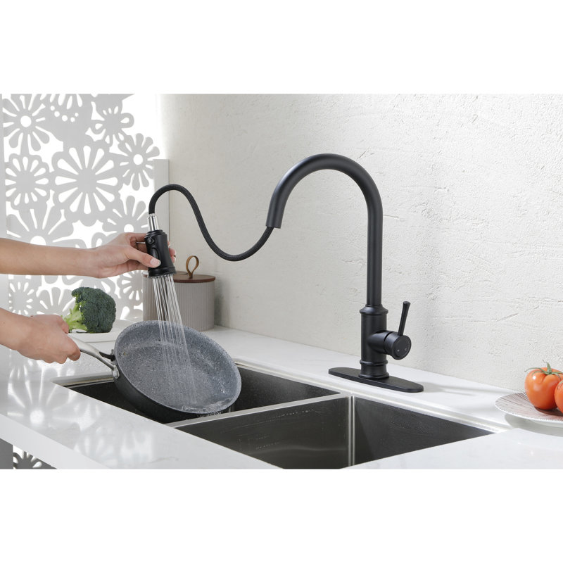 Robinet de cuisine escamotable en acier inoxydable, à arche haute, noir mat, poignée simple, débit d'arc de poignée de 1,8 gallon par minute avec jet, débit GPM, facile à installer et à entretenir
