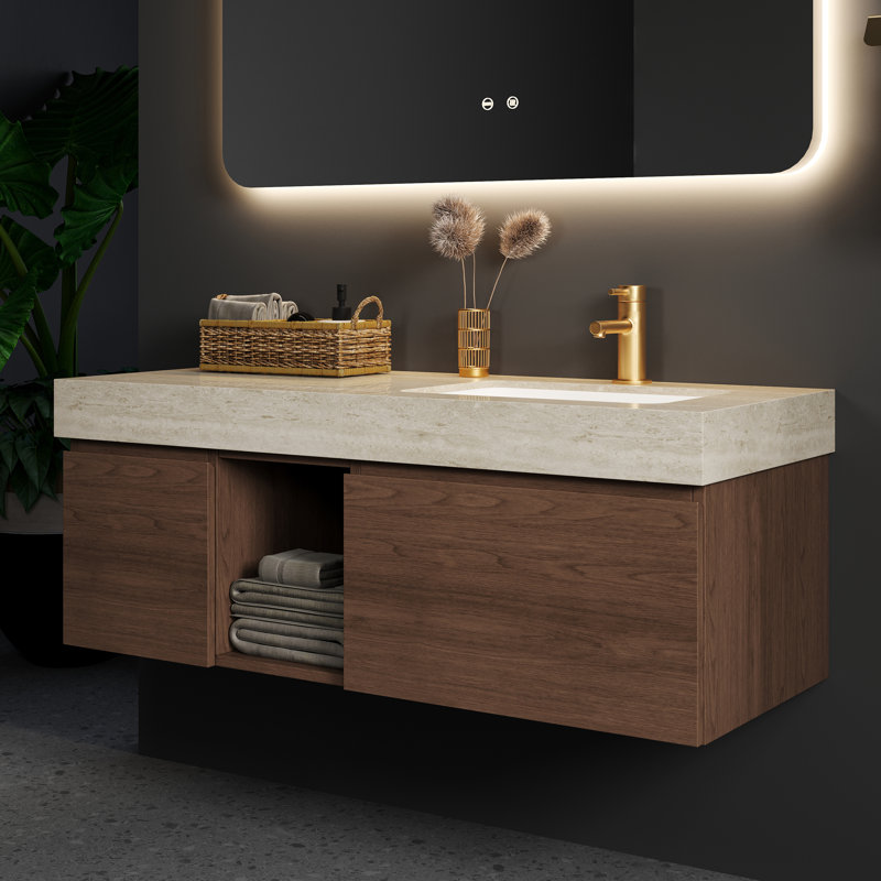 Meuble-lavabo mural simple 47,6 po avec 2 tiroirs flottants modernes en bois massif, Noyer, 48", Travertine