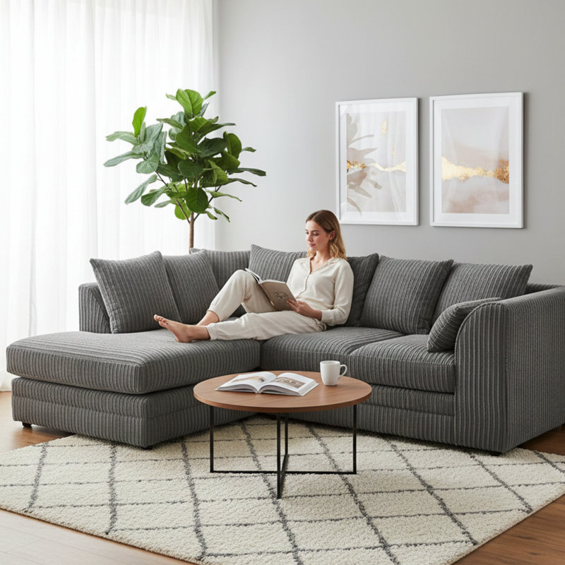 Soft Fabric Jumbo Cord 4 Seater L Shape with Foot Stool Upholstered Living Room Sets, Grey, Left Hand Facing