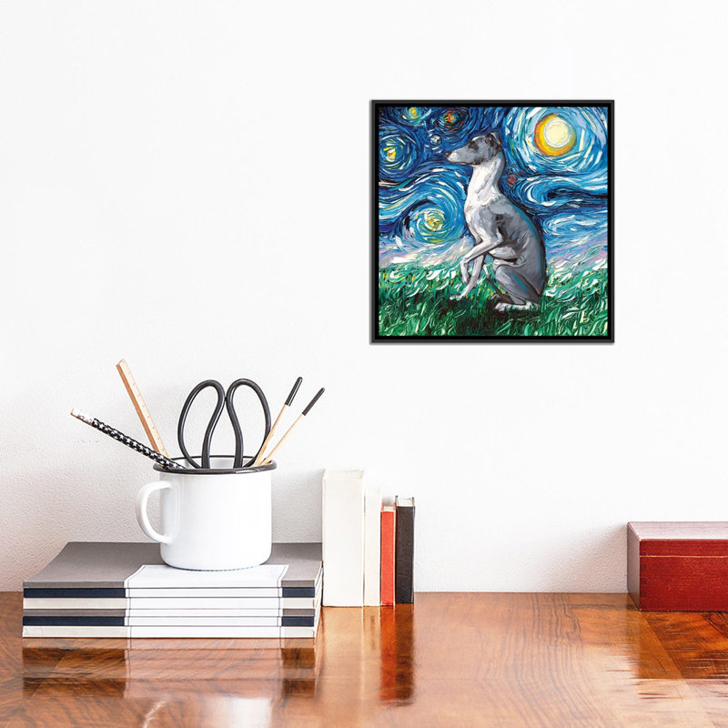 «Whippet Night» par Aja Trêves - reproduction d'art, H 12 po x l 12 po x P 1,5 po, Toile avec cadre noir, Pas de tapis