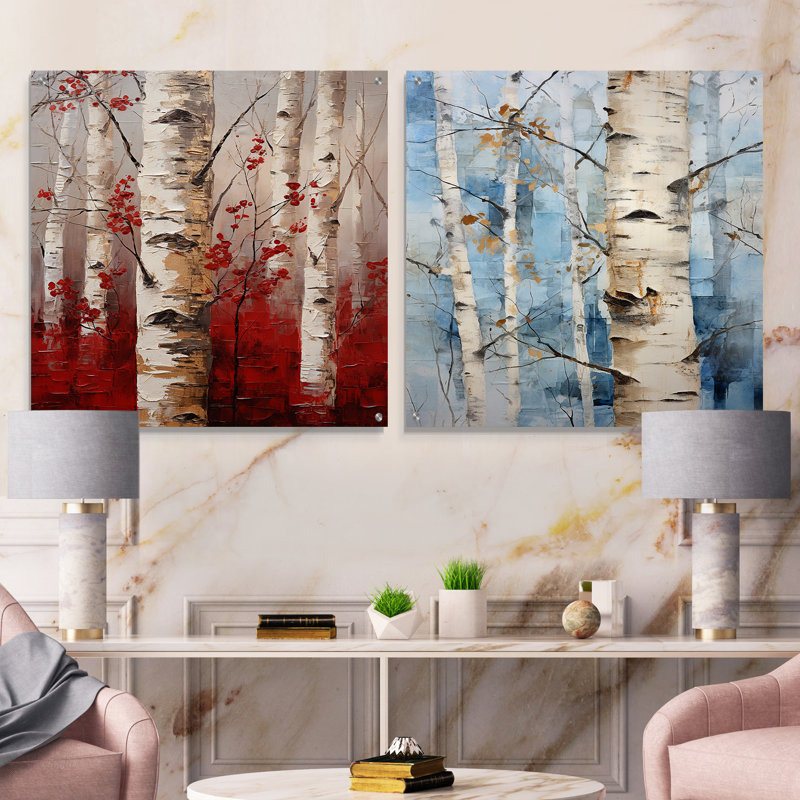 Bois de bouleau blanc et rouge en hiver V - ensemble de 2 peintures murales en acrylique, H 30 po x l 61 po