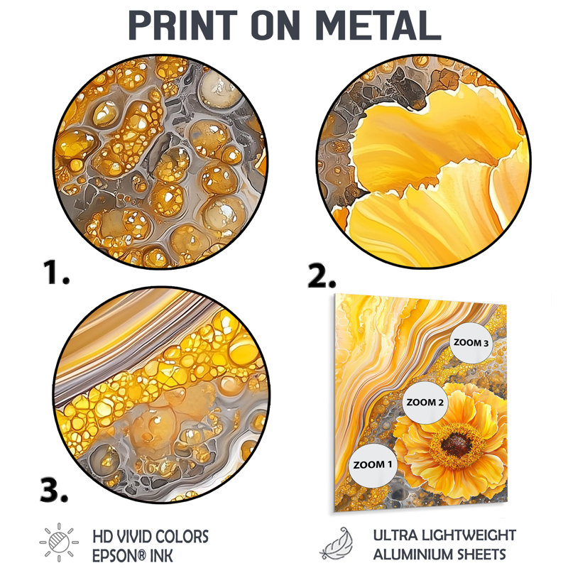 Geode Dream Of Marigold - Art mural en métal floral, impression en métal souci, H 32 po x l 16 po x P 0,84 po