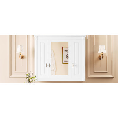 Armoire de toilette blanche à miroir avec 4 tablettes réglables, fixation murale