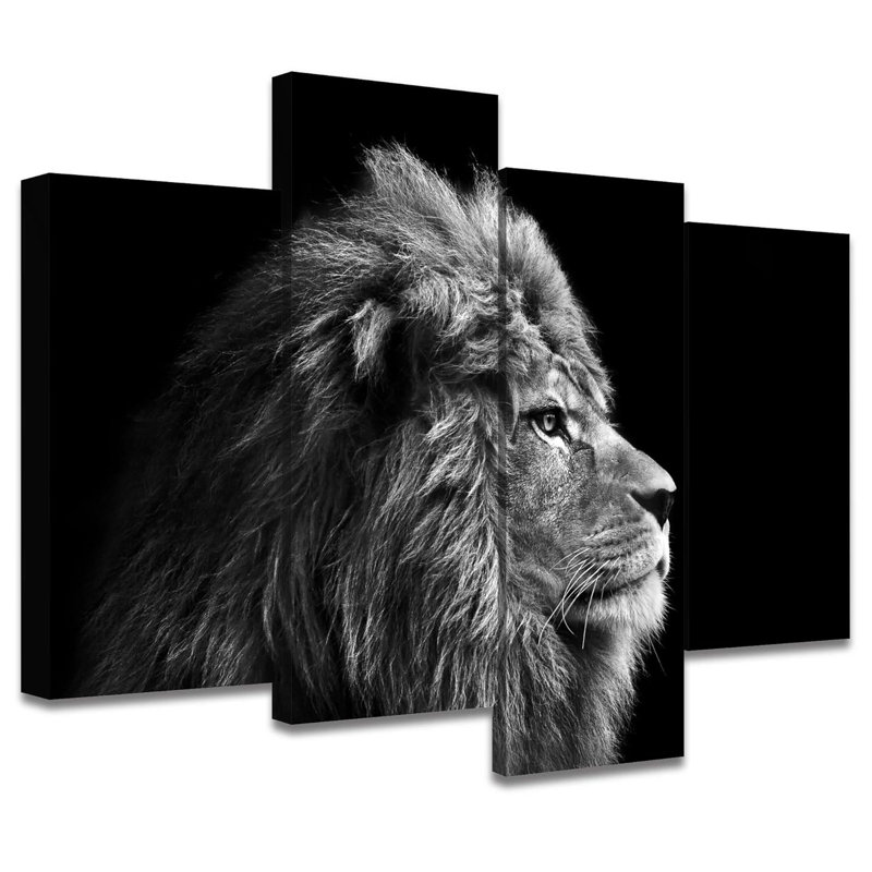 Portrait d'un lion noir et blanc animaux - impression sur toile tendue 4 pièces
