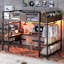 Lit mezzanine entièrement métallique avec bureau en forme de L, bande lumineuse DEL, ports USB, étagères de rangement et tringle à vêtements, noir et brun