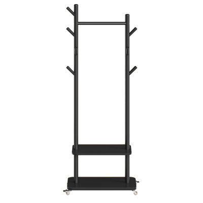 Portemanteau autoportant en bois avec rangement pour chaussures et roulettes, 55,1 x 30 x 178 cm, noir