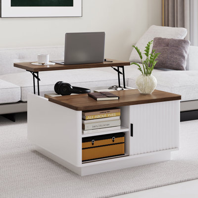 Table basse à plateau relevable, table centrale carrée 31 po avec porte coulissante, bureau basse cannelé peu encombrant avec compartiment de rangement caché et tablette, pour le salon, le bureau personnel