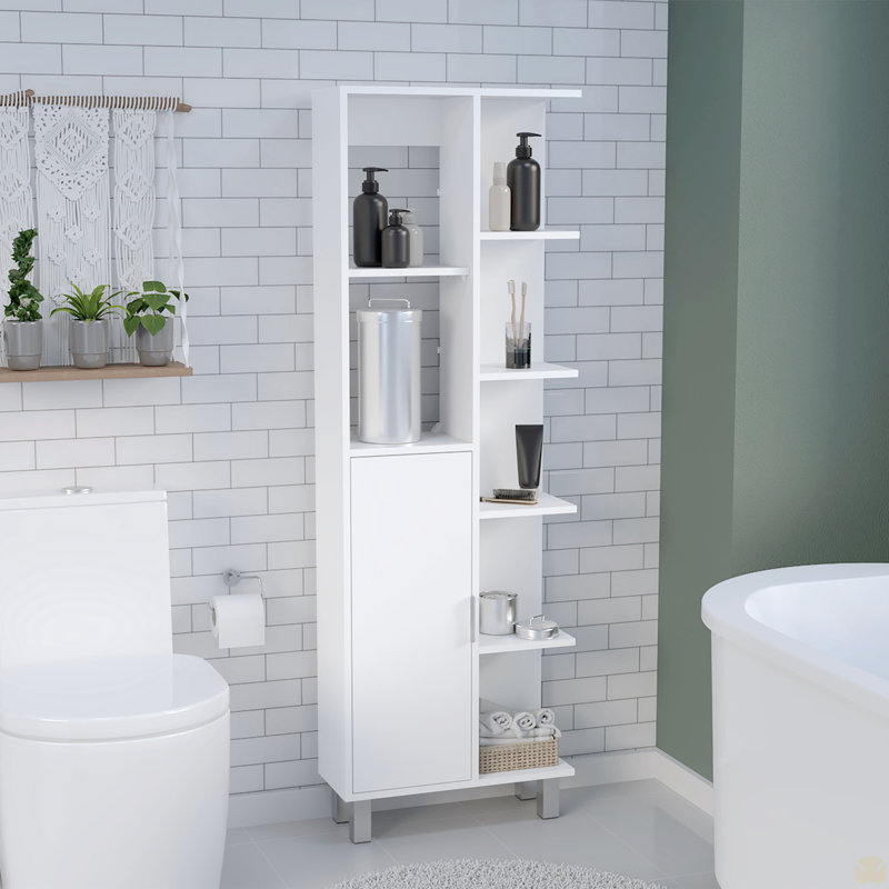 Armoire de salle de bain H 63 po en lin avec sept tablettes ouvertes, un tiroir et quatre pieds