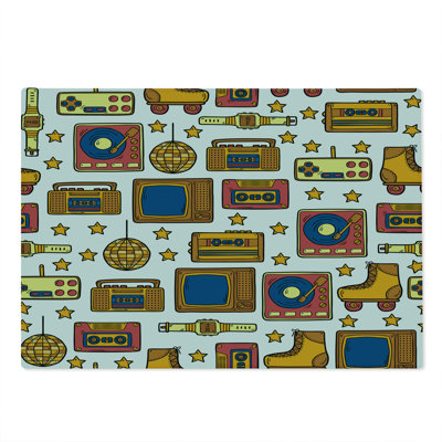 Ambesonne Vintage Cutting Board Large Size 90s Theme Retro Fun Items Mustard