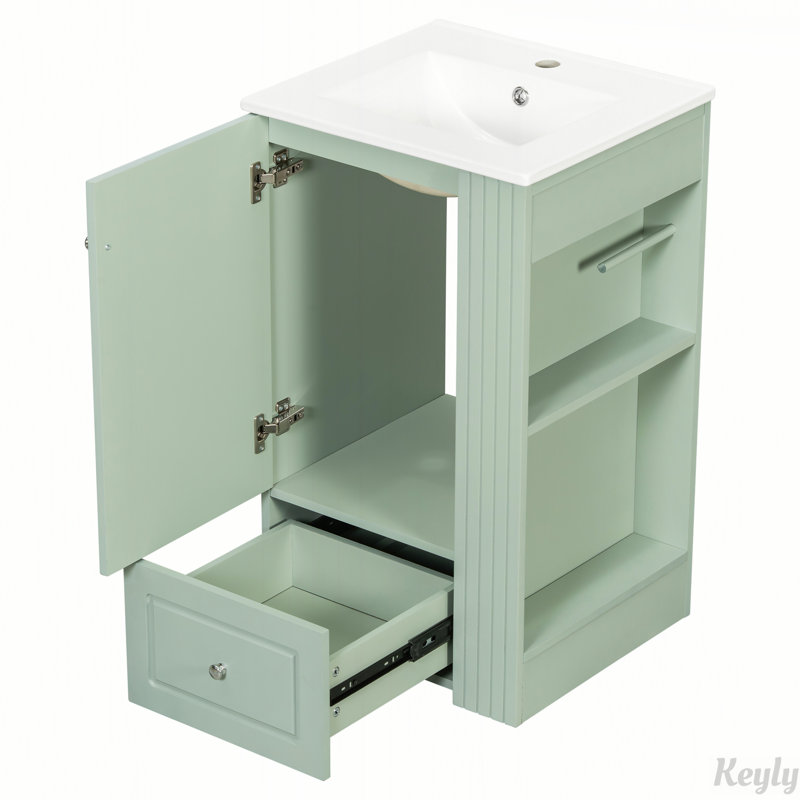 Meuble-lavabo autoportant compact de 20 pouces avec lavabo en céramique, tiroir à fermeture en douceur et tablettes latérales ouvertes pour les petits espaces